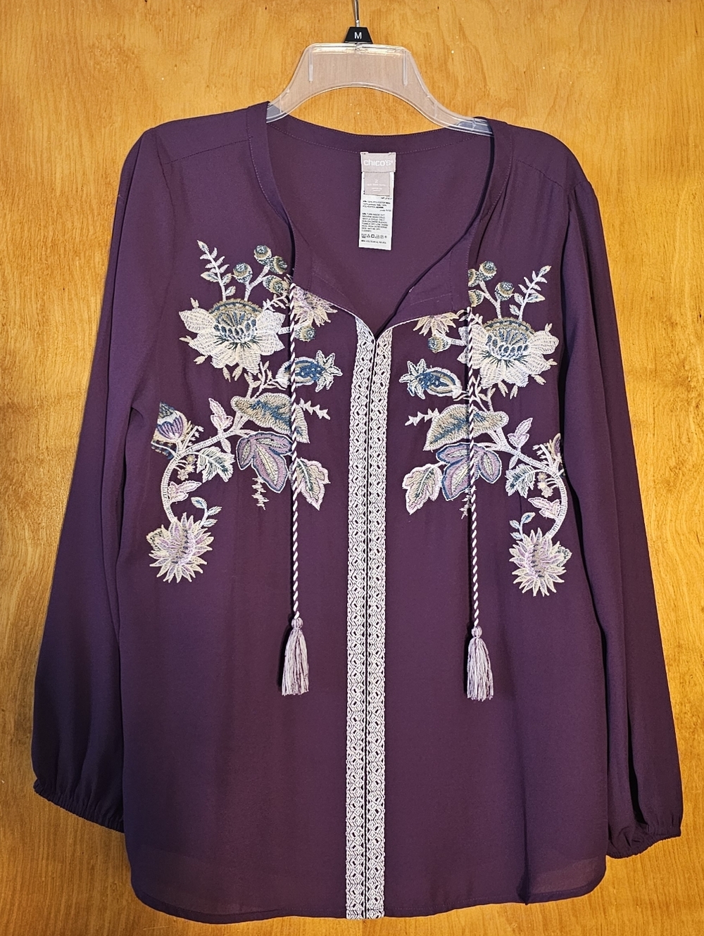 Chico’s Embroidered Tunic Blouse Women’s Size 2  Purple Floral Boho Top
